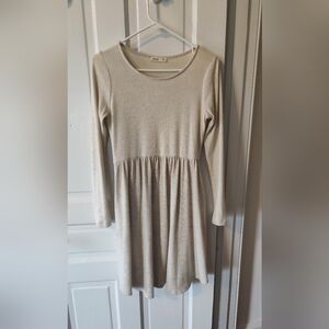 Neutral Scoop Neck Knit Dress - Long Sleeve Gathered Skirt